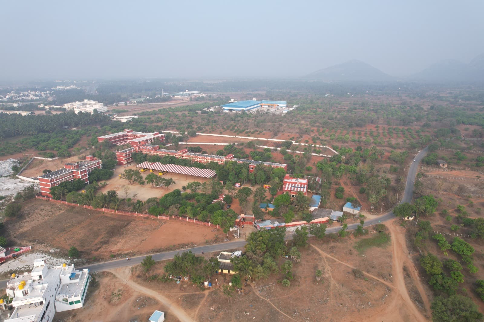 Aerial view of the school campus and surrounding area