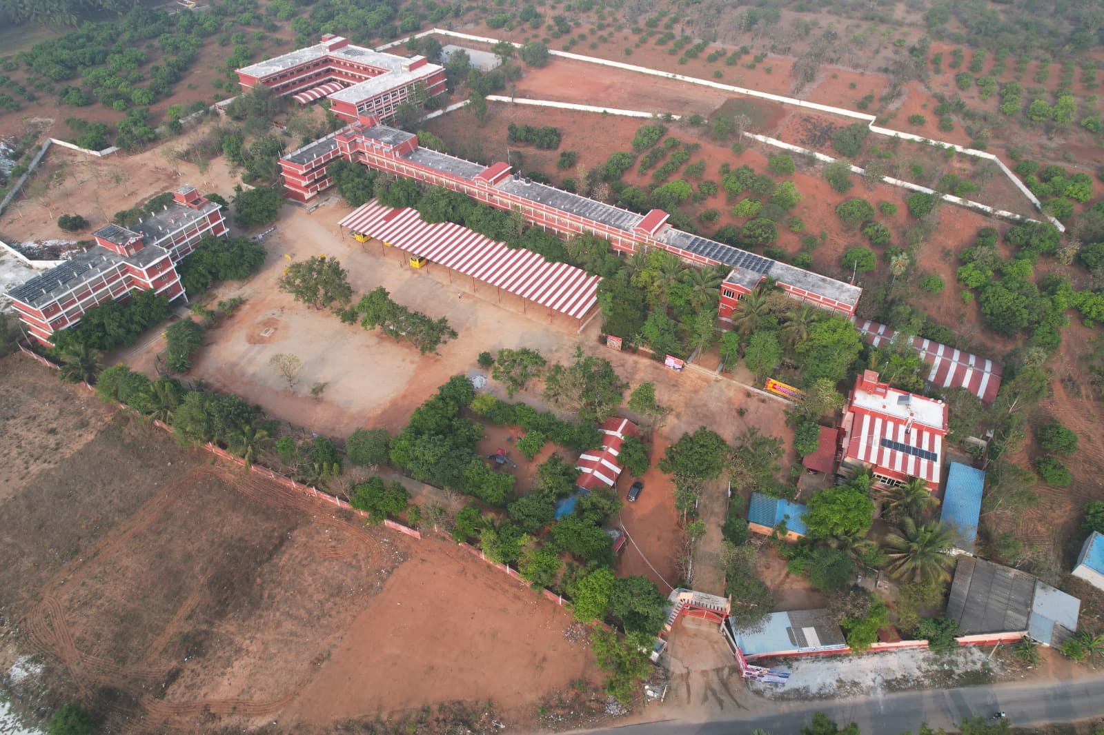 Aerial view of school buildings and grounds